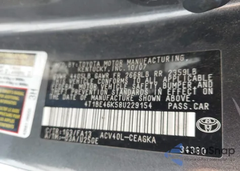 2008 Toyota Camry Xle из США, поврежденный, VIN 4T1BE46K58U229154